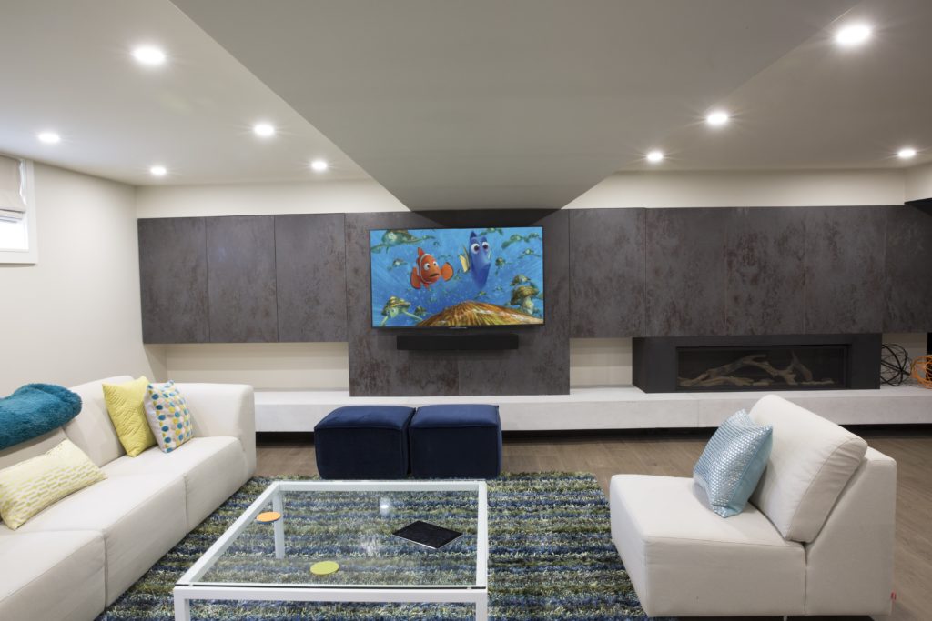 Media Wall with Hidden Storage, fireplace & concrete hearth